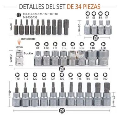 Esencial Juego De Dados y Puntas TORX Macho y Hembra 34 Piezas